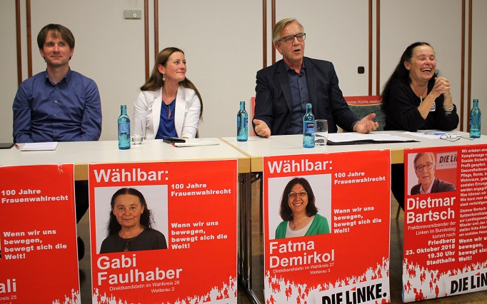 Von links nach rechts: Jan Schalauske, Janine Wissler, Dietmar Bartsch, Gabi Faulhaber